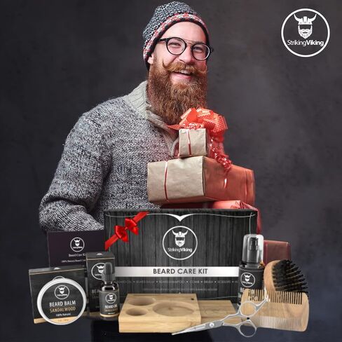 Striking Viking Beard Grooming Kit with Caddy, Beard Care Oil and Balm, Beard Shampoo, Wooden Comb, Beard Brush, & Trimming Scissors - 7 Piece Beard Gift for Men Him Dad in Saudi Arabia