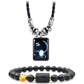 12 Zodiac Constellation Necklace Bracelet for Women Men Natural Stone Crystal Bead Beaded Bracelet Necklace Birthday Gift Constellations Jewelry Set