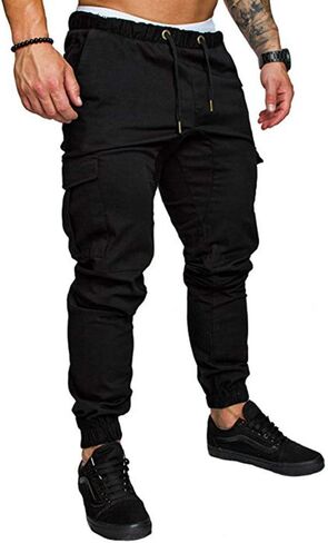 sandbank Men's Jogger Pants Multi Pocket Casual Pants Low Waist Solid Trousers Stretch Slim Fit Sports Cargo Pants in Saudi Arabia