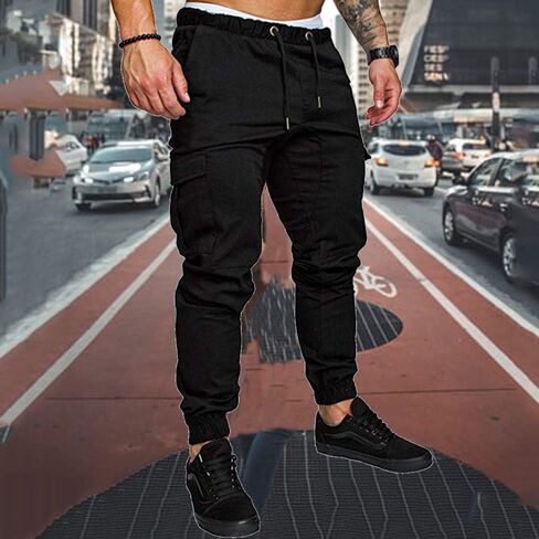 sandbank Men's Jogger Pants Multi Pocket Casual Pants Low Waist Solid Trousers Stretch Slim Fit Sports Cargo Pants in Saudi Arabia