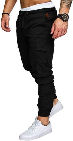 sandbank Men's Jogger Pants Multi Pocket Casual Pants Low Waist Solid Trousers Stretch Slim Fit Sports Cargo Pants in Saudi Arabia