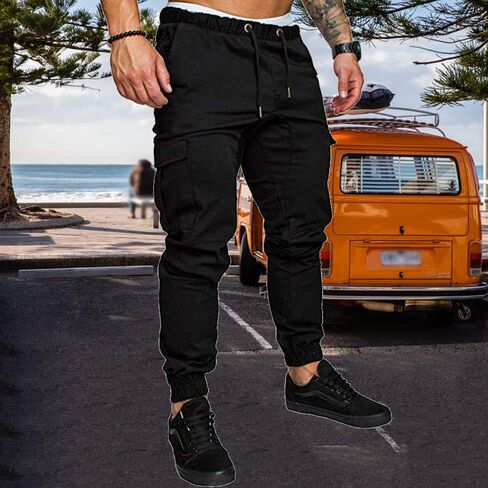 sandbank Men's Jogger Pants Multi Pocket Casual Pants Low Waist Solid Trousers Stretch Slim Fit Sports Cargo Pants in Saudi Arabia