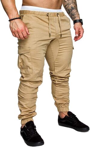 sandbank Men's Jogger Pants Multi Pocket Casual Pants Low Waist Solid Trousers Stretch Slim Fit Sports Cargo Pants in Saudi Arabia