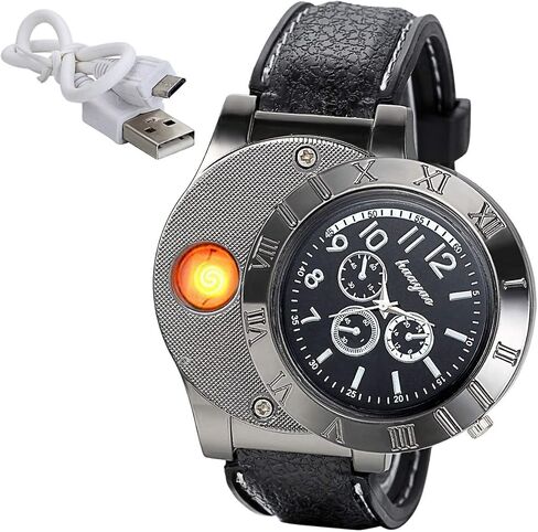 JewelryWe Mens Novelty Cigarette Lighter Watch USB Charging Windproof Quartz Wrist Watch for Valentine’s Day in Kuwait