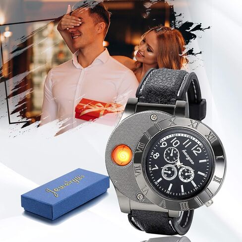 JewelryWe Mens Novelty Cigarette Lighter Watch USB Charging Windproof Quartz Wrist Watch for Valentine’s Day in Kuwait