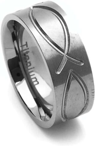 8MM Comfort Fit Titanium Wedding Band Christian Fish Engraved Flat Ring (Size 6 to 14) in Saudi Arabia