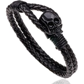 Fusamk Punk Rock Alloy Skull Leather Cuff Bracelet,7.5inches
