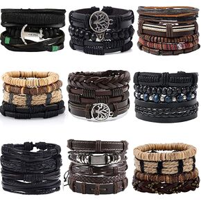 jewpark 36pcs المنسوجة الجلود سوار مجموعة للرجال النساء بارد مضفر الجلود المعصم الكفة الأساور قابل للتعديل اليدوية خشبية مطرز الأساور العرقية القبلية الكتان سلسلة أساور in Kuwait