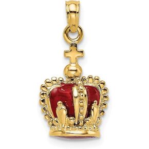 Solid 14k Yellow Gold 3-D Red Enamel Inside Crown Emperor Royal King Queen Cross On top Charm Pendant 21mm in Kuwait