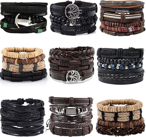 jewpark 36pcs المنسوجة الجلود سوار مجموعة للرجال النساء بارد مضفر الجلود المعصم الكفة الأساور قابل للتعديل اليدوية خشبية مطرز الأساور العرقية القبلية الكتان سلسلة أساور in Kuwait