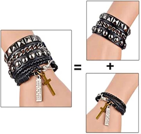 Perfect 4U Rivet Bracelet Multilayer Black Leather Cuff Heart Pendant Bangle Studded Chain Wrist Punk Sports Rock Bracelet Adjustable (Cross Black) in Saudi Arabia