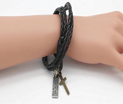 Perfect 4U Rivet Bracelet Multilayer Black Leather Cuff Heart Pendant Bangle Studded Chain Wrist Punk Sports Rock Bracelet Adjustable (Cross Black) in Saudi Arabia
