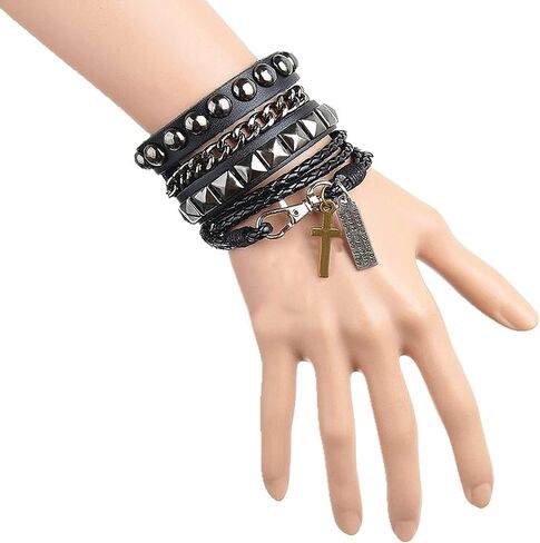 Perfect 4U Rivet Bracelet Multilayer Black Leather Cuff Heart Pendant Bangle Studded Chain Wrist Punk Sports Rock Bracelet Adjustable (Cross Black) in Saudi Arabia