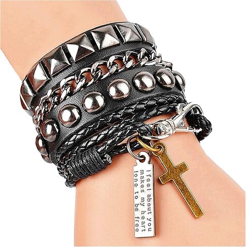 Perfect 4U Rivet Bracelet Multilayer Black Leather Cuff Heart Pendant Bangle Studded Chain Wrist Punk Sports Rock Bracelet Adjustable (Cross Black) in Saudi Arabia