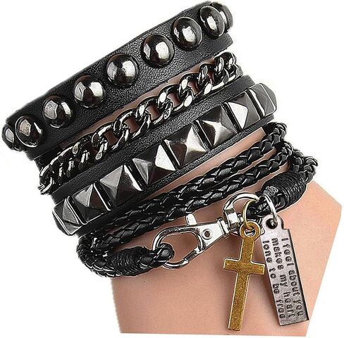 Perfect 4U Rivet Bracelet Multilayer Black Leather Cuff Heart Pendant Bangle Studded Chain Wrist Punk Sports Rock Bracelet Adjustable (Cross Black) in Saudi Arabia