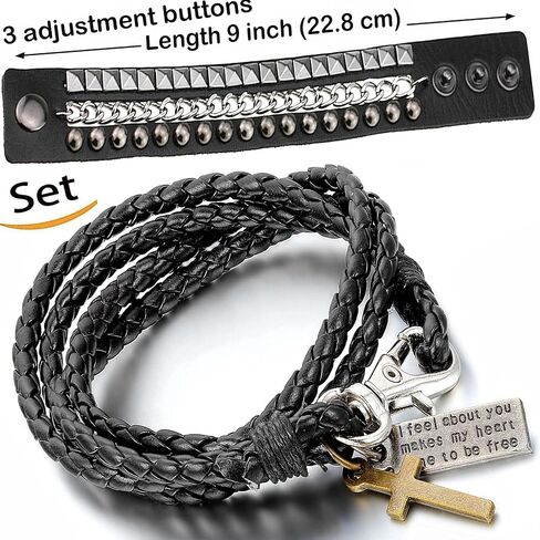 Perfect 4U Rivet Bracelet Multilayer Black Leather Cuff Heart Pendant Bangle Studded Chain Wrist Punk Sports Rock Bracelet Adjustable (Cross Black) in Saudi Arabia