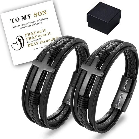 to My Son - Love You Forever Pray Through It Leather Cross Bracelet, Men's Double Row Magnetic Closure Personalized Braided Bracelets, Inspirational Bracelets, Religious Jewelry Gift for Men (1pc) in Kuwait
