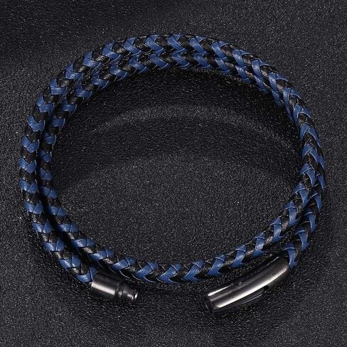 AIZU Black Blue Braided Leather Bracelet - Mens Genuine Leather Bracelets Woven with Leather Cord Rope & Steel Wire - Durable Stainless Steel Spring Clasp in Saudi Arabia