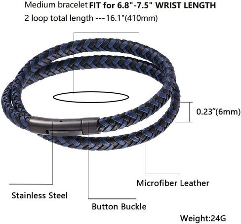AIZU Black Blue Braided Leather Bracelet - Mens Genuine Leather Bracelets Woven with Leather Cord Rope & Steel Wire - Durable Stainless Steel Spring Clasp in Saudi Arabia