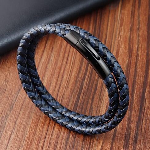 AIZU Black Blue Braided Leather Bracelet - Mens Genuine Leather Bracelets Woven with Leather Cord Rope & Steel Wire - Durable Stainless Steel Spring Clasp in Saudi Arabia
