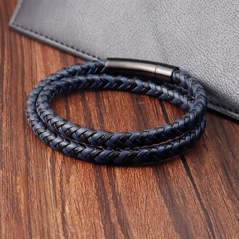 AIZU Black Blue Braided Leather Bracelet - Mens Genuine Leather Bracelets Woven with Leather Cord Rope & Steel Wire - Durable Stainless Steel Spring Clasp in Saudi Arabia