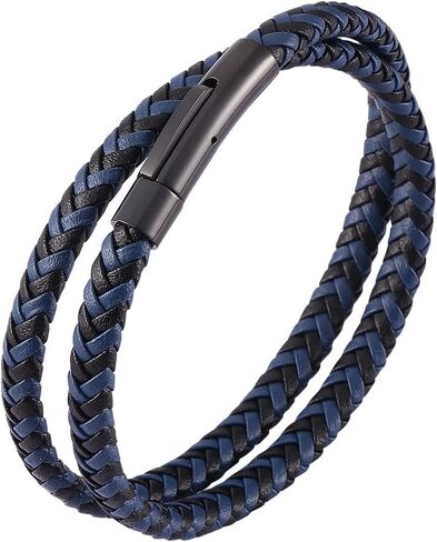 AIZU Black Blue Braided Leather Bracelet - Mens Genuine Leather Bracelets Woven with Leather Cord Rope & Steel Wire - Durable Stainless Steel Spring Clasp in Saudi Arabia