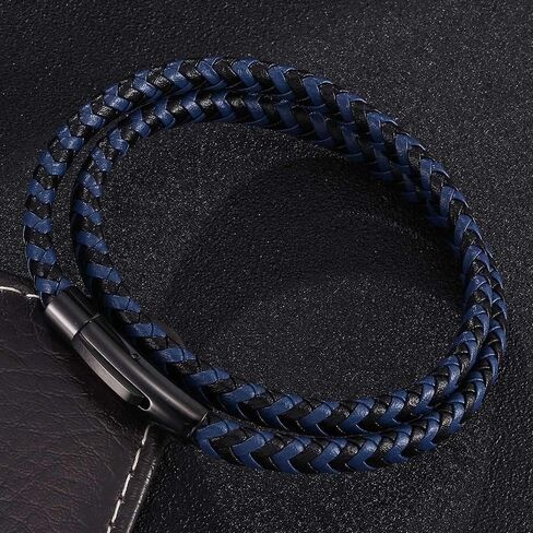 AIZU Black Blue Braided Leather Bracelet - Mens Genuine Leather Bracelets Woven with Leather Cord Rope & Steel Wire - Durable Stainless Steel Spring Clasp in Saudi Arabia