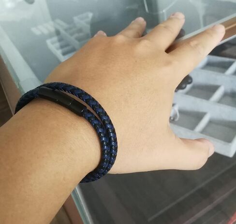 AIZU Black Blue Braided Leather Bracelet - Mens Genuine Leather Bracelets Woven with Leather Cord Rope & Steel Wire - Durable Stainless Steel Spring Clasp in Saudi Arabia