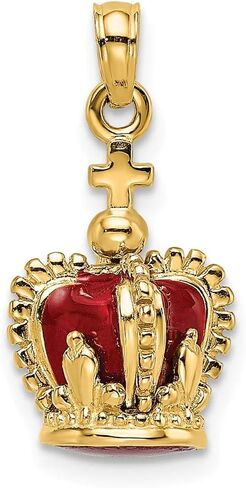 Solid 14k Yellow Gold 3-D Red Enamel Inside Crown Emperor Royal King Queen Cross On top Charm Pendant 21mm in Saudi Arabia