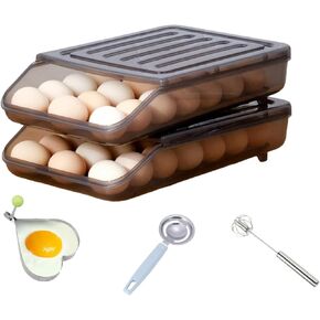 JZ 2 صواني بيض الثلاجة، حامل البيض التمرير التلقائي للثلاجة مع مقسم البيض، نوع الضغط على الخفق، مقلاة البيض، منظم بيض الثلاجة القابل للتكديس، يخزن 42 صندوق حاوية بيض إجمالي in Kuwait