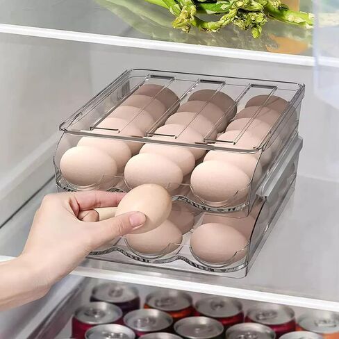 حامل بيض المطبخ للثلاجة، صندوق بيض دوار تلقائي، صينية بيض درج شفاف منزلي، صندوق تخزين موفر للمساحة (3 طبقات ساطعة) in Kuwait