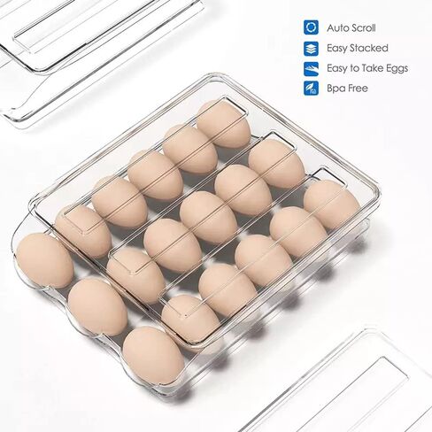 حامل بيض المطبخ للثلاجة، صندوق بيض دوار تلقائي، صينية بيض درج شفاف منزلي، صندوق تخزين موفر للمساحة (3 طبقات ساطعة) in Kuwait