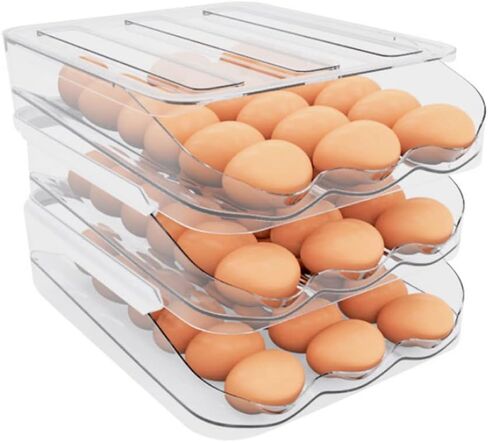 حامل بيض المطبخ للثلاجة، صندوق بيض دوار تلقائي، صينية بيض درج شفاف منزلي، صندوق تخزين موفر للمساحة (3 طبقات ساطعة) in Kuwait