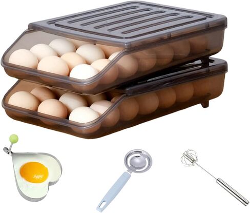 JZ 2 صواني بيض الثلاجة، حامل البيض التمرير التلقائي للثلاجة مع مقسم البيض، نوع الضغط على الخفق، مقلاة البيض، منظم بيض الثلاجة القابل للتكديس، يخزن 42 صندوق حاوية بيض إجمالي in Kuwait