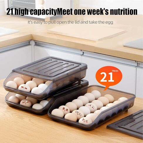 JZ 2 صواني بيض الثلاجة، حامل البيض التمرير التلقائي للثلاجة مع مقسم البيض، نوع الضغط على الخفق، مقلاة البيض، منظم بيض الثلاجة القابل للتكديس، يخزن 42 صندوق حاوية بيض إجمالي in Kuwait