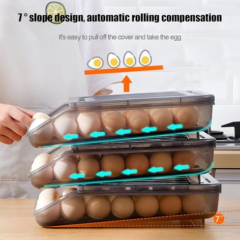 JZ 2 صواني بيض الثلاجة، حامل البيض التمرير التلقائي للثلاجة مع مقسم البيض، نوع الضغط على الخفق، مقلاة البيض، منظم بيض الثلاجة القابل للتكديس، يخزن 42 صندوق حاوية بيض إجمالي in Kuwait