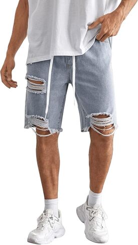 شورت جينز رجالي ممزق برباط الخصر من SweatyRocks، شورت برمودا من قماش الدنيم بحاشية خام in Kuwait