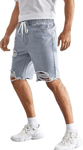 شورت جينز رجالي ممزق برباط الخصر من SweatyRocks، شورت برمودا من قماش الدنيم بحاشية خام in Kuwait