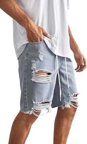 شورت جينز رجالي ممزق برباط الخصر من SweatyRocks، شورت برمودا من قماش الدنيم بحاشية خام in Kuwait