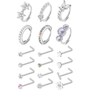 MUSECLOUD 20G Nose Rings for Women Men 6PCS Stainless Steel Nose Rings Hoops 12PCS L Shape Nose Rings Studs Heart CZ 8mm Cartilage Hoop Flower Star Nose Piercing Jewelry