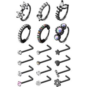 MUSECLOUD 20G Nose Rings for Women Men 6PCS Stainless Steel Nose Rings Hoops 12PCS L Shape Nose Rings Studs Heart CZ 8mm Cartilage Hoop Flower Star Nose Piercing Jewelry in Kuwait