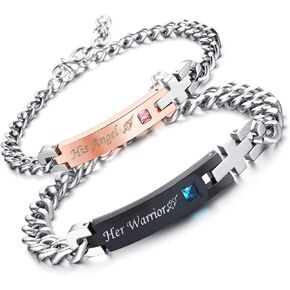 redrain 2Pcs Couples Bracelets His Hers Matching Set Stainless Steel Chain Adjustable Personalized Promise Jewelry