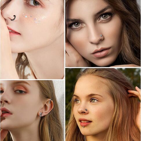 MUSECLOUD 20G Nose Rings for Women Men 6PCS Stainless Steel Nose Rings Hoops 12PCS L Shape Nose Rings Studs Heart CZ 8mm Cartilage Hoop Flower Star Nose Piercing Jewelry in Kuwait
