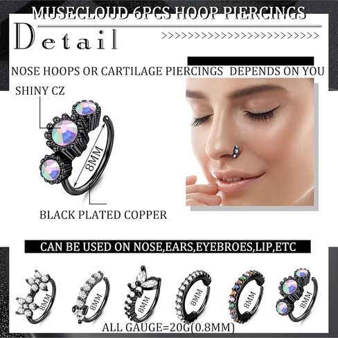 MUSECLOUD 20G Nose Rings for Women Men 6PCS Stainless Steel Nose Rings Hoops 12PCS L Shape Nose Rings Studs Heart CZ 8mm Cartilage Hoop Flower Star Nose Piercing Jewelry in Kuwait