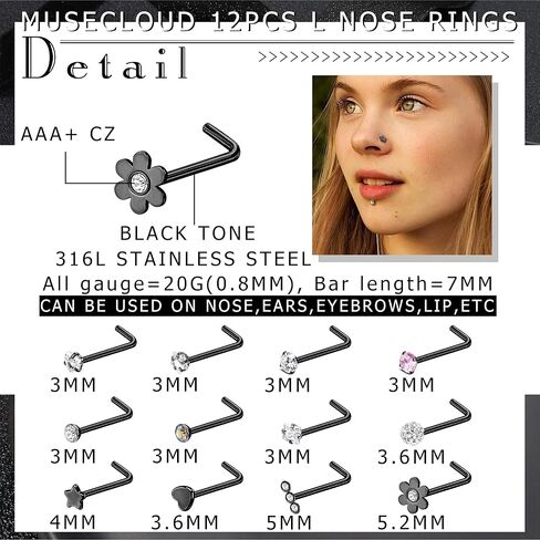 MUSECLOUD 20G Nose Rings for Women Men 6PCS Stainless Steel Nose Rings Hoops 12PCS L Shape Nose Rings Studs Heart CZ 8mm Cartilage Hoop Flower Star Nose Piercing Jewelry in Kuwait