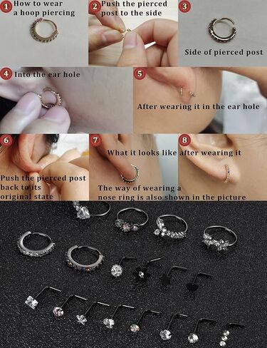 MUSECLOUD 20G Nose Rings for Women Men 6PCS Stainless Steel Nose Rings Hoops 12PCS L Shape Nose Rings Studs Heart CZ 8mm Cartilage Hoop Flower Star Nose Piercing Jewelry in Kuwait