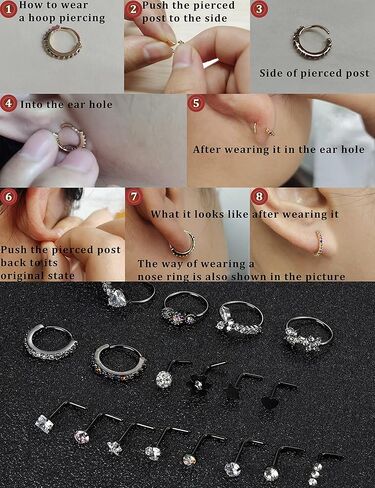 MUSECLOUD 20G Nose Rings for Women Men 6PCS Stainless Steel Nose Rings Hoops 12PCS L Shape Nose Rings Studs Heart CZ 8mm Cartilage Hoop Flower Star Nose Piercing Jewelry in Kuwait