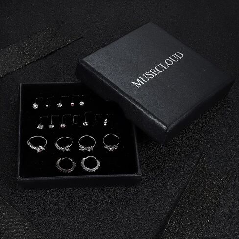 MUSECLOUD 20G Nose Rings for Women Men 6PCS Stainless Steel Nose Rings Hoops 12PCS L Shape Nose Rings Studs Heart CZ 8mm Cartilage Hoop Flower Star Nose Piercing Jewelry in Kuwait