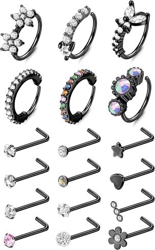 MUSECLOUD 20G Nose Rings for Women Men 6PCS Stainless Steel Nose Rings Hoops 12PCS L Shape Nose Rings Studs Heart CZ 8mm Cartilage Hoop Flower Star Nose Piercing Jewelry in Kuwait