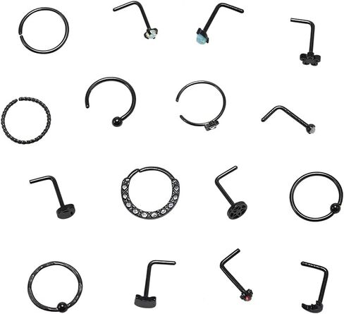 WASOLIE 16 PCS Gold Nose Studs for Women Surgical Steel Nose Piercings Jewelry Screw Men Black Nose Piercing Rings. in Saudi Arabia